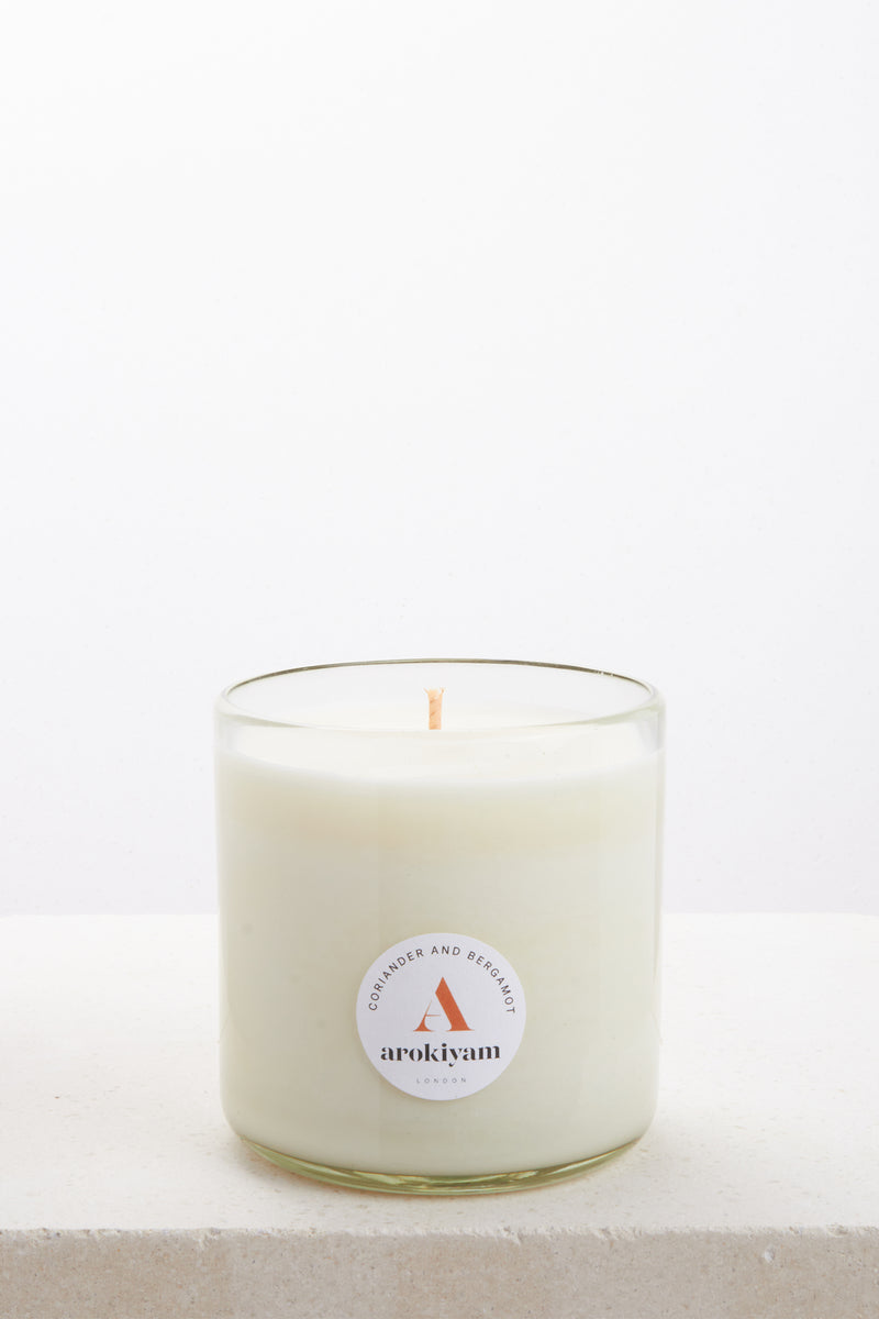 Vegan candle made from a coconut and soy wax and scented with natural coriander and bergamot. Made in London.